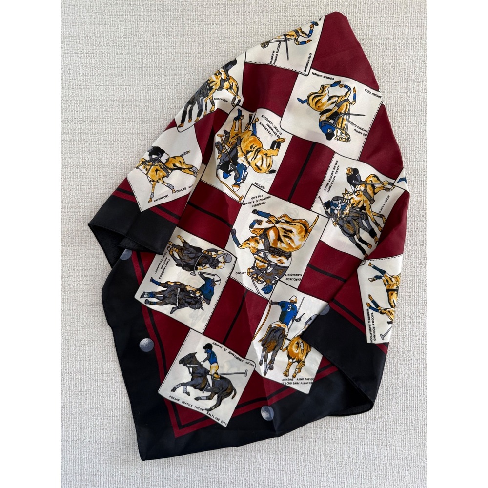 Vintage Silkmill Equestrian Polo Scarf Square Plaid Horse Jockey Burgundy Black